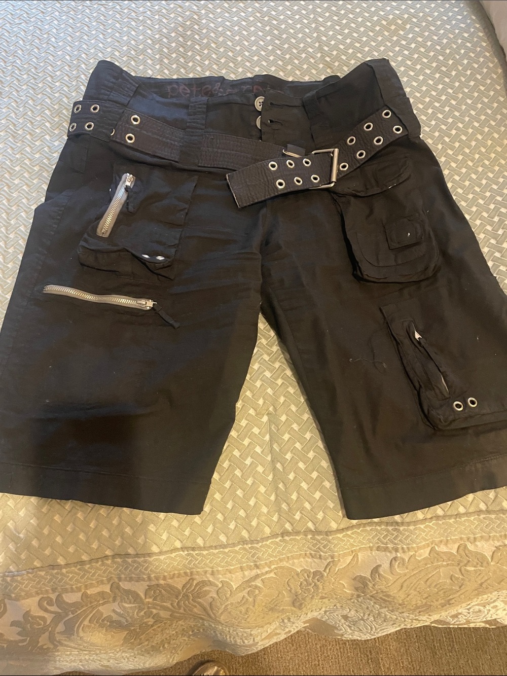 Black Utility Cargo Shorts with Grommet Belt